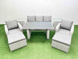Fimous Outdoor Rattan Garden Furniture Dining Set 7 seater Patio Rectangular Table 3 Seater Sofa Reclining Chair Set with 2 Side Tables 2 Big Stools