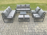 Fimous Aluminium Patio Outdoor Garden Furniture Lounge Sofa Set with Square Coffee Table 2 Chairs 2 Small Footstool Dark Grey