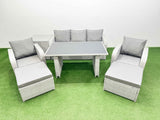 Fimous Outdoor Rattan Garden Furniture Dining Set 7 seater Patio Rectangular Table 3 Seater Sofa Reclining Chair Set with Side Table 2 Big Stools