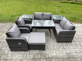 Fimous Wicker PE Rattan Garden Dining Set Outdoor Furniture Sofa with Rectangular Dining Table 2 Side Tables Big Footstool Dark Grey Mixed