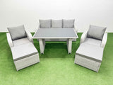 Fimous Outdoor Rattan Garden Furniture Dining Set 7 seater Patio Rectangular Table 3 Seater Sofa Reclining Chair Set with 2 Big Stools