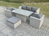 Fimous Rattan Garden Funiture Set Adjustable Rising Lifting Table Sofa Dining Set With 2 Arm Chair Big Footstool