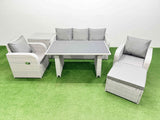 Fimous Outdoor Rattan Garden Furniture Dining Set 6 seater Patio Rectangular Table 3 Seater Sofa Reclining Chair Set with Side Table Big Stool