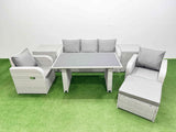 Fimous Outdoor Rattan Garden Furniture Dining Set 6 seater Patio Rectangular Table 3 Seater Sofa Reclining Chair Set with 2 Side Tables Big Stool