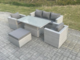 Fimous Rattan Garden Funiture Set Adjustable Rising Lifting Table Sofa Dining Set With 2 Arm Chair Big Footstool