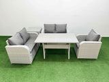 Fimous High Back Poly Rattan Garden Furniture Set with Reclining Chair Loveseat Sofa Rectangular Dining Table Indoor Outdoor Patio  Set Side Table Light Grey