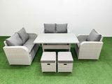 Fimous High Back Poly Rattan Garden Furniture Set with Reclining Chair Loveseat Sofa Rectangular Dining Table Indoor Outdoor Patio  Set 2 Stool Light Grey