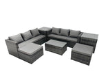 Fimous Rattan Garden Furniture Dining Set 8 seater Patio Coffee Table Sofa Set with 2 Side Tables 2 Big Footstools Dark Grey Mixed