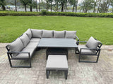 Fimous Aluminium Garden Furniture Sets,8 Seater Outdoor Conversational Dining Set with Adjustable Rising Lifting Dining Table Cushions for Yard,Poolside, Patio, Dark Grey