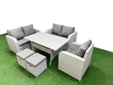 Fimous High Back Poly Rattan Garden Furniture Set with Reclining Chair Loveseat Sofa Rectangular Dining Table Indoor Outdoor Patio  Set 2 Stool Light Grey