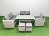 Fimous High Back Poly Rattan Garden Furniture Set with Reclining Chair Loveseat Sofa Rectangular Dining Table Indoor Outdoor Patio  Set 2 Stool Side Table Light Grey
