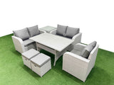 Fimous High Back Poly Rattan Garden Furniture Set with Reclining Chair Loveseat Sofa Rectangular Dining Table Indoor Outdoor Patio  Set 2 Stool Side Table Light Grey