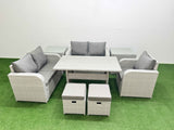 Fimous High Back Poly Rattan Garden Furniture Set with Reclining Chair Loveseat Sofa Rectangular Dining Table Indoor Outdoor Patio  Set 2 Stool 2 Side Table Light Grey