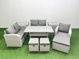 Fimous High Back Poly Rattan Garden Furniture Set with Reclining Chair Loveseat Sofa Rectangular Dining Table Indoor Outdoor Patio  Set 3 Stools 2 Side Table Light Grey
