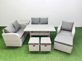 Fimous High Back Poly Rattan Garden Furniture Set with Reclining Chair Loveseat Sofa Rectangular Dining Table Indoor Outdoor Patio  Set 3 Stools Side Table Light Grey