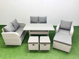Fimous High Back Poly Rattan Garden Furniture Set with Reclining Chair Loveseat Sofa Rectangular Dining Table Indoor Outdoor Patio  Set 3 Stools Light Grey