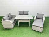 Fimous High Back Poly Rattan Garden Furniture Set with Reclining Chair Loveseat Sofa Rectangular Dining Table Indoor Outdoor Patio  Set Big Stool Light Grey