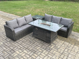 Fimous Rattan Garden Furniture Set with Fire Pit Table 4 Pieces Outdoor Patio Lounge Sofa Set Dark Grey Mixed