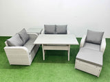 Fimous High Back Poly Rattan Garden Furniture Set with Reclining Chair Loveseat Sofa Rectangular Dining Table Indoor Outdoor Patio  Set Big Stool Side Table Light Grey