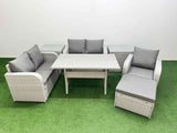 Fimous High Back Poly Rattan Garden Furniture Set with Reclining Chair Loveseat Sofa Rectangular Dining Table Indoor Outdoor Patio  Set Big Stool 2 Side Table Light Grey