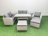 Fimous High Back Poly Rattan Garden Furniture Set with Reclining Chair Loveseat Sofa Rectangular Dining Table Indoor Outdoor Patio  Set 2 Big Stool 2 Side Table Light Grey