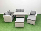 Fimous High Back Poly Rattan Garden Furniture Set with Reclining Chair Loveseat Sofa Rectangular Dining Table Indoor Outdoor Patio  Set 2 Big Stool Side Table Light Grey