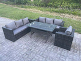 Fimous Outdoor Lounge Sofa Garden Furniture Set Rattan Rectangular Dining Table Patio Chair 7 Seater Dark Grey Mixed