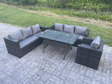 Fimous Outdoor Lounge Sofa Garden Furniture Set Rattan Rectangular Dining Table Patio Chair 7 Seater Dark Grey Mixed