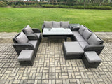 Fimous Outdoor Garden Patio Furniture Wicker Rattan Oblong Rectangular Dining Table and Lounge Sofa set with Adjustable Chair Side Table 3 Footstool Dark Grey Mixed
