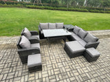 Fimous Outdoor Garden Patio Furniture Wicker Rattan Oblong Rectangular Dining Table and Lounge Sofa set with Adjustable Chair Side Table 3 Footstool Dark Grey Mixed