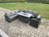 Fimous Rattan Outdoor Furniture Gas Fire Pit Rectangle Dining Table Gas Heater Reclining Chair 3 Seater Sofa Sets with Side Table 7 Seater