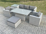 Fimous Rattan Garden Funiture Set Adjustable Rising Lifting Table Sofa Dining Set With 2 Arm Chair Side Table Big Footstool