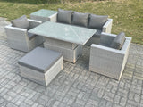 Fimous Rattan Garden Funiture Set Adjustable Rising Lifting Table Sofa Dining Set With 2 Arm Chair Side Table Big Footstool