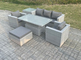 Fimous Rattan Garden Funiture Set Adjustable Rising Lifting Table Sofa Dining Set With 2 Arm Chair Side Table Big Footstool