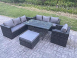 Fimous 8 Seater Outdoor Lounge Sofa Garden Furniture Set Patio Rattan Rectangular Dining Table Chair with Big Footstool Dark Grey Mixed