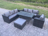 Fimous 8 Seater Outdoor Lounge Sofa Garden Furniture Set Patio Rattan Rectangular Dining Table Chair with Big Footstool Dark Grey Mixed