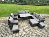Fimous Outdoor Garden Patio Furniture Wicker Rattan Oblong Rectangular Dining Table and Lounge Sofa set with Adjustable Chair 3 Footstool Dark Grey Mixed