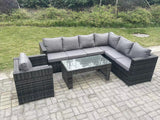 Fimous 7 Seater Rattan Corner Sofa Lounge Sofa Set With Rectangular Coffee Table With Arm Chair Dark Grey Mixed
