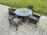 Fimous Outdoor PE Rattan Garden Furniture Sets Gas Fire Pit Round Table Sets Gas Heater with 4 Seater Dining Cahirs Dark Grey Mixed