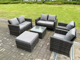 Fimous 7 Seater Dark Grey Mixed High Back Rattan Sofa Set Square Coffee Table Garden Furniture 2 Seater Sofa Chairs Outdoor Patio