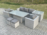 Fimous Rattan Garden Funiture Set Adjustable Rising Lifting Table Sofa Dining Set With 2 Arm Chair Side Table Stools