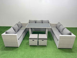 Fimous Patio Outdoor Garden Furniture Sets with Black Glass Top Dining Table 3 Seater Sofa 2 Small Stool Light Grey