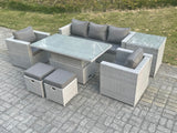 Fimous Rattan Garden Funiture Set Adjustable Rising Lifting Table Sofa Dining Set With 2 Arm Chair Side Table Stools