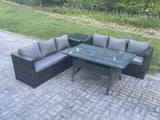 Fimous PE Wicker Outdoor Garden Furniture Set Patio Rattan Rectangular Dining Table Lounge Sofa with Side Table 6 Seater Dark Grey Mixed