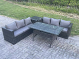 Fimous PE Wicker Outdoor Garden Furniture Set Patio Rattan Rectangular Dining Table Lounge Sofa with Side Table 6 Seater Dark Grey Mixed