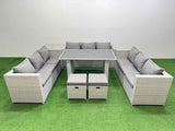 Fimous Patio Outdoor Garden Furniture Sets with Black Glass Top Dining Table 3 Seater Sofa Side Table 2 Small Stool Light Grey