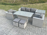 Fimous Rattan Garden Funiture Set Adjustable Rising Lifting Table Sofa Dining Set With 2 Arm Chair Side Table Stools