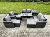 Fimous 9 Seater Wicker PE Rattan Garden Dining Set Outdoor Furniture Sofa with Rectangular Dining Table Side Table 3 Footstools Dark Grey Mixed