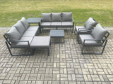 Fimous Aluminium Patio Outdoor Garden Furniture Lounge Sofa Set with Square Coffee Table 2 Chairs Big Footstool Side Table Dark Grey