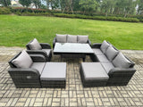 Fimous Patio Rattan Garden Furniture Set with Oblong Rectangular Dining Table 10 Seater Outdoor Lounge Sofa Set Dark Grey Mixed